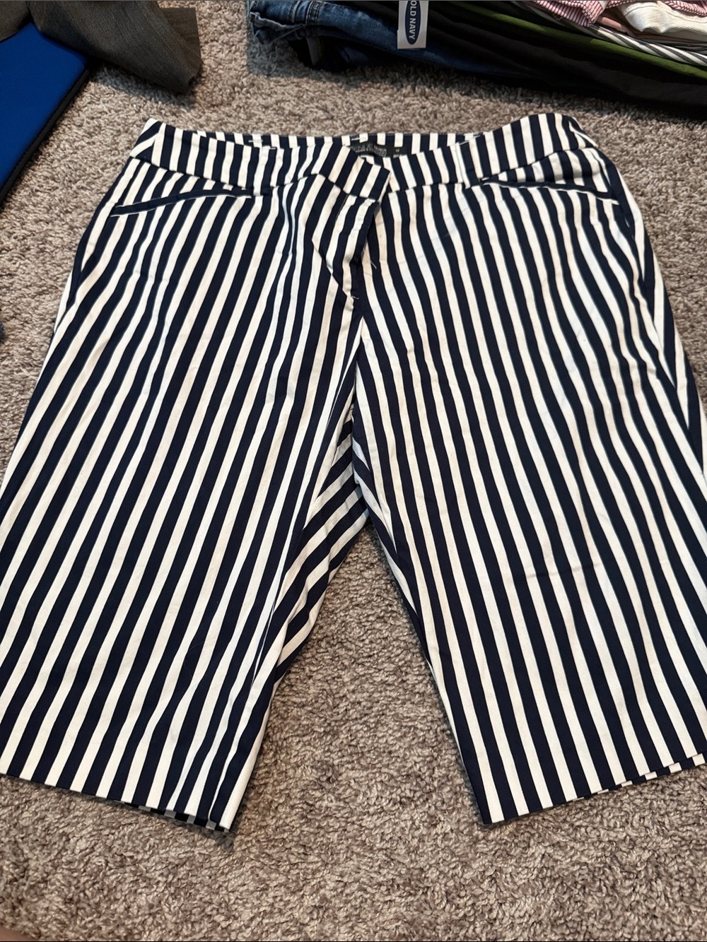 New York & Company Navy and White Vertical Stripe Bermuda Shorts